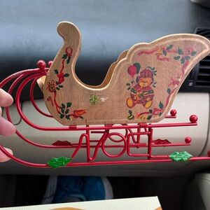 Vintage 1980s Festive Red and Gold Sleigh Decor Wooden with Metal Rails